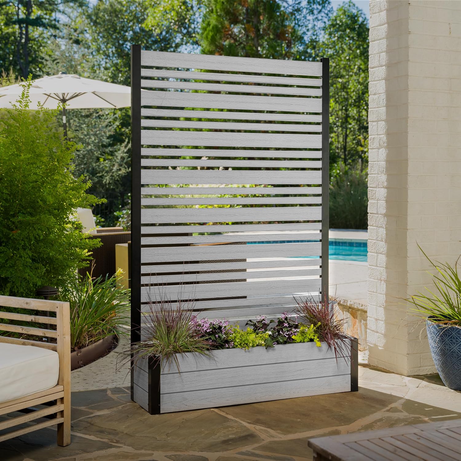 6ft H x 3.8ft W x 1ft L (1 Screen w/Planter) Freestanding Enclo Florence Ash Color Patio Privacy Screen with Planter Box, Privacy Planters for Patio, Privacy Wall Outdoor Privacy Screen, EC18025