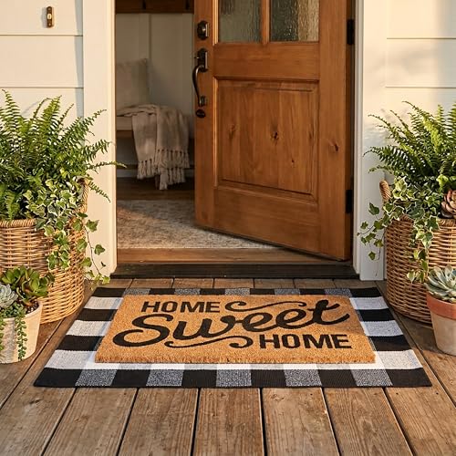 100% Coco Coir Welcome Mat + 28 x 43 Inches Buffalo Plaid Rug Combo Set - Farmhouse Front Porch Entryway Fall Decor Floor Mat, Doormat Indoor Outdoors Spring Mats Home Sweet Home