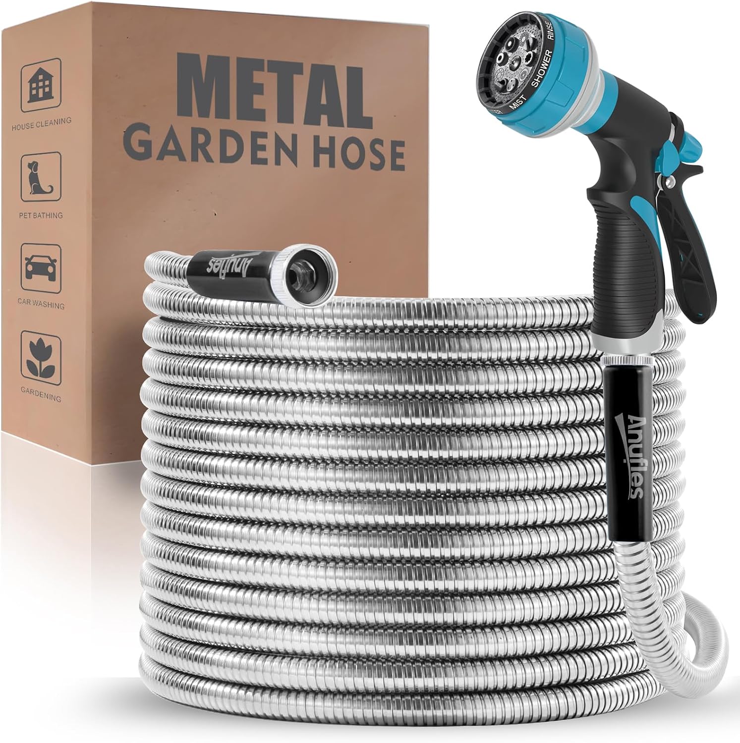 Metal Garden Hose 50ft Upgraded Kink Free and Rust Resistant Design, Stainless Steel Garden Hose With Solid Fitting and 8-Function Nozzle, Durable and Lightweight Outdoor Hose, Easy To Store