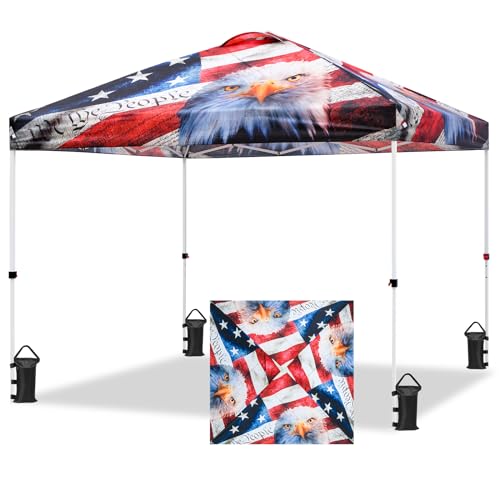 EAGLE PEAK Pop Up Canopy Tent with Wheeled Carry Bag, 8 Stakes, 4 Ropes, 4 Weight Bags, Easy Set Up Tent Canopy, 10x10 ft, 100sqft of Shade, American Icon
