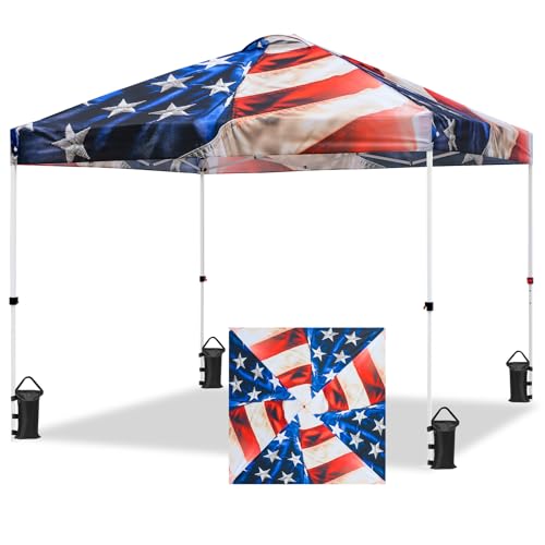 EAGLE PEAK Pop Up Canopy Tent with Wheeled Carry Bag, 8 Stakes, 4 Ropes, 4 Weight Bags, Easy Set Up Tent Canopy, 10x10 ft, 100sqft of Shade, Stars and Stripes