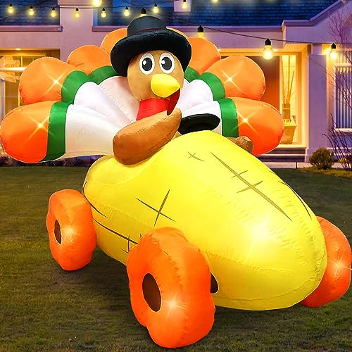 MICOCAH 6FT Long Thanksgiving Inflatables Turkey Outdoor Decorations with Pilgrim Hat Driving Corn Car, Built-in LEDs Blow up Turkey Inflatable for Autumn Holiday Outdoor Indoor Lawn Yard Decoration