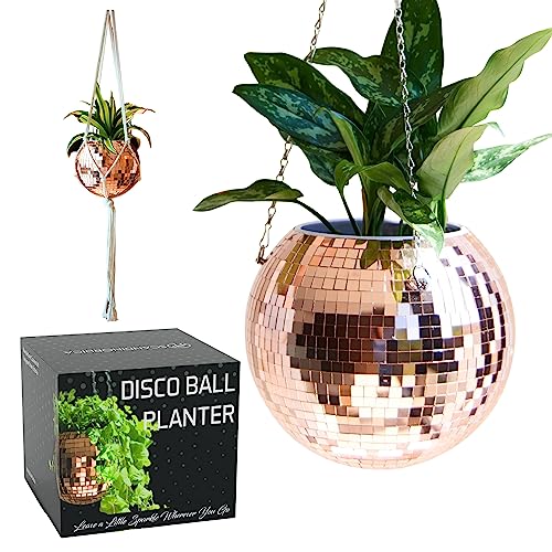 SCANDINORDICA Disco Ball Planter Value Package: Mirror Disco Planter with Chain, Macrame Hanger and Acrylic Stand for Desk, Self Watering Insert, Plant Lover Gifts | 10 inch Rose Gold