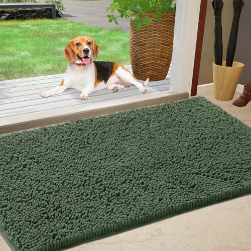 IM HOME Chenille Absorbent Outdoor Doormat 48" x 30", Washable Muddy Door Mats for Dog Non Slip Indoor Doormat Dog Mat for Muddy Paw Front Inside Doormats for Entryway Olive
