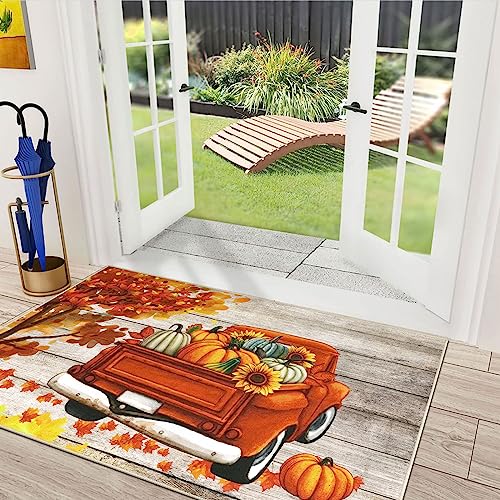 U'Artlines Fall Front Door Mat, 32"48" Vintage Truck Pumpkin Resist Dirt Doormats, Non-Slip Low-Profile Inside Floor Mat Washable Entrance Mats Be Thankful