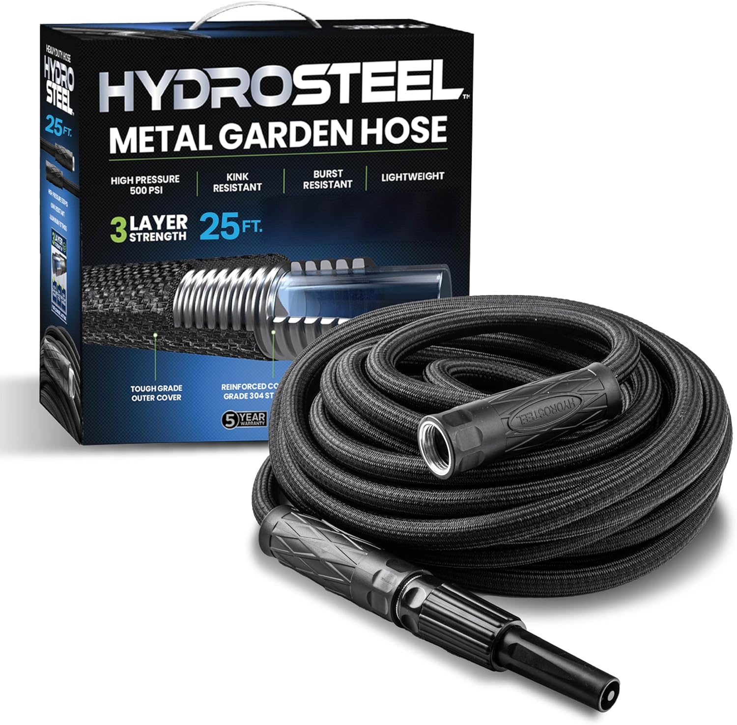 HYDROSTEEL Metal Garden Hose 25 Ft, 304 Stainless Steel Metal Water Hose 25Ft, Heavy Duty, Flexible, Lightweight, Crush and Kink Resistant, 25 Ft Garden Hose Outdoor, Garden Hoses with 500 PSI
