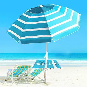 Beach Umbrella - Beach Umbrella for Sand Wind Portable with Tilt Pole, 6.56 FT Arc Length 5.9 FT Diameter, Heavy Duty Wind Resistant Striped Large Umbrellas, UPF50+ Parasol with Anchor Screw Adjustable Height