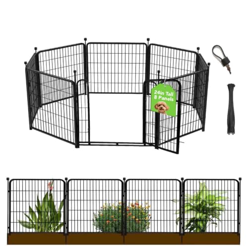24 in(H) Decorative Garden Fences with Gate, 8 Panels Total 15.7 ft(L) Heavy Duty Iron Animal Barrier Fence for Yard,Suitable for Indoor Pet Fence Or Outdoor Dog Fencing, Garden Border Fence
