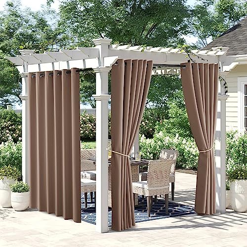 NICETOWN 2 Panels Weighted Patio Curtains Outdoor Waterproof 84 inches Long, Rustproof Grommet Blackout Heavy Weight Privacy Indoor Outdoor Drapes Thermal Curtains for Pergola, Tan
