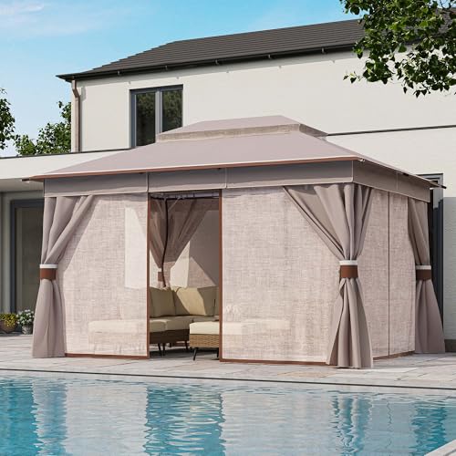 LAUSAINT HOME Outdoor Patio Gazebo 10'x13' with Expansion Bolts, Heavy Duty Gazebos Shelter Party Tent with Double Roofs, Mosquito Nets and Privacy Screens for Backyard, Garden, Lawn, Champagne Khaki