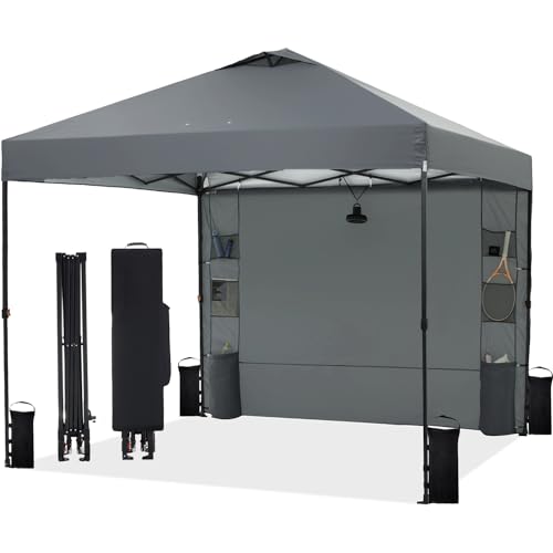10'x10' Pop Up Canopy Tent with 1 Sidewall and 6 Pockets, One Push Setup, Instant Shade Tent with Vented Roof for Beach Patio Outdoor, Case, 8 Stakes, 4 Ropes, 4 Sandbags (Gray, 10x10)