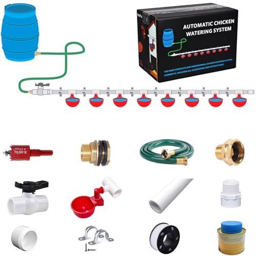 Automatic Chicken Watering System with PVC Pipe (Real Complete Set Pipeline) - 1/2" PVC Tee Fittings & Pipe & Garden Hose Connect to Water Tank, Automatic Poultry Waterer Feeder Kit
