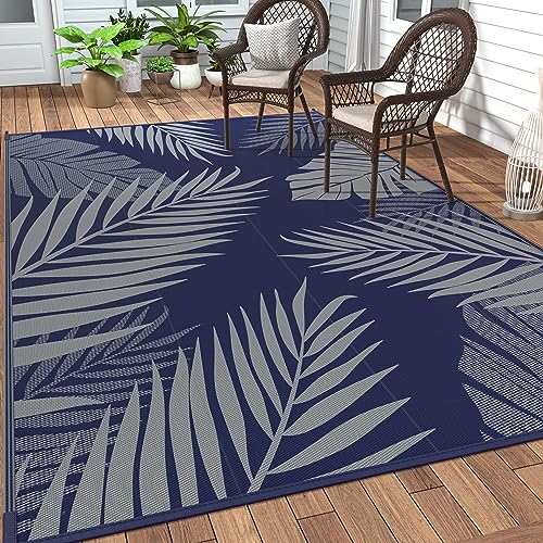 GENIMO Outdoor Rug 5' x 8' Waterproof for Patios Clearance, Reversible Outdoor Plastic Straw Camping Rug Carpet, Large Area Rugs Mats for RV, Picnic, Backyard, Deck, Balcony, Porch, Beach, Blue&Grey