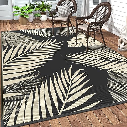 GENIMO Outdoor Rug 5' x 8' Waterproof for Patios Clearance, Reversible Outdoor Plastic Straw Camping Rug Carpet, Large Area Rugs Mats for RV, Picnic, Backyard, Deck, Balcony, Porch, Beach, Black&Beige
