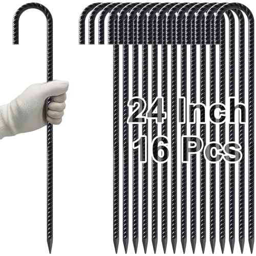 VVOKGO Rebar Stakes 24 Inch J Hook Heavy Duty Ground Anchors (16pcs), 3/8 Inch Diameter Metal Steel Extra Long Fence Stakes with Chisel Point End for Greenhouse, Gazebo, Carport, Camping Tents, Black