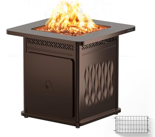 EAST OAK 28'' Propane Fire Pit Table, 50,000 BTU Steel Gas FirePit for Outdoor, Outside Patio Deck and Garden, CSA Certified Fire Table with Magnetic Lid, Cover-Storage Basket and Lava Rock , Brown