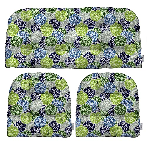 RSH DECOR: 3-Piece Wicker Tufted Cushion Set | 41 x 19" & 19" x 19" | All-Weather Spun Fabric | Water Resistant | Outdoor Loveseat & U-Shape Cushions for Patio Furniture | Livi Courtyard Floral