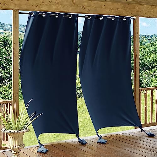 RYB HOME Outdoor Curtains Windproof - Waterproof Blackout Curtain with Weight Bag, Privacy Insulated Drapes for Patio Screen Porch Pergola Terrace Gazebo, W 52" x L 90", 2 Pcs, Navy Blue