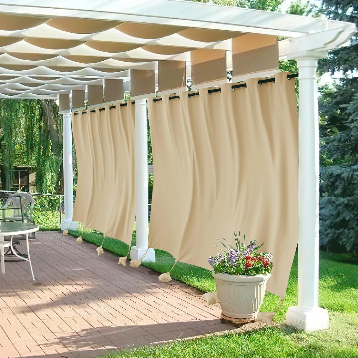 RYB HOME Extra Wide Outdoor Curtains Windproof, Blackout Waterproof Privacy Outside Curtains for Patio Pergola Pool Hut Screen Porch Outside Deck, W 105 x L 96 inch, Beige, 2 Panels