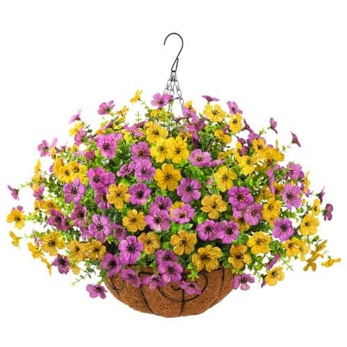 Artificial Faux Hanging Plants Flowers Basket for Spring Outdoor Decoration, Fake Silk Daisy in Planter Realistic UV Resistant Look Real for Porch Home Patio Balcony Yard(Purple Yellow)