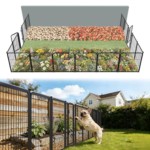 FXW Garden Fence Outdoor for The Yard  24in(H) x 30.4ft(L) Heavy Duty Metal Animal Barrier for Dog and Rabbit, Decorative Dog Fence, 16 Panels, Black