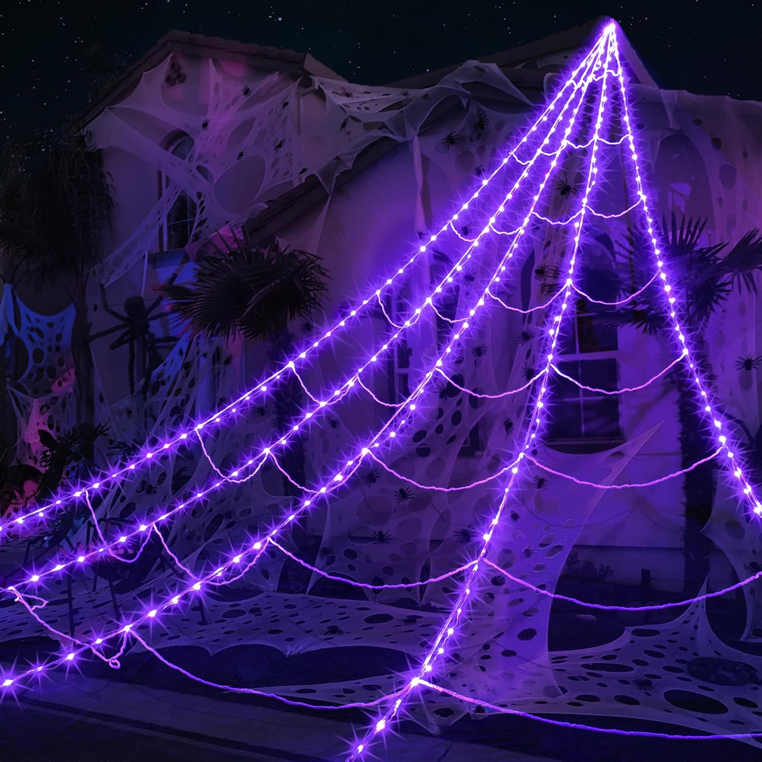 Halloween Spider Web Lights 290 LED Lighted Spider Web Giant 23 Ft Halloween Decorations Light up with 8 Lighting Modes Waterproof & Timer for Outdoor Indoor Yard Haunted House Decor, Purple