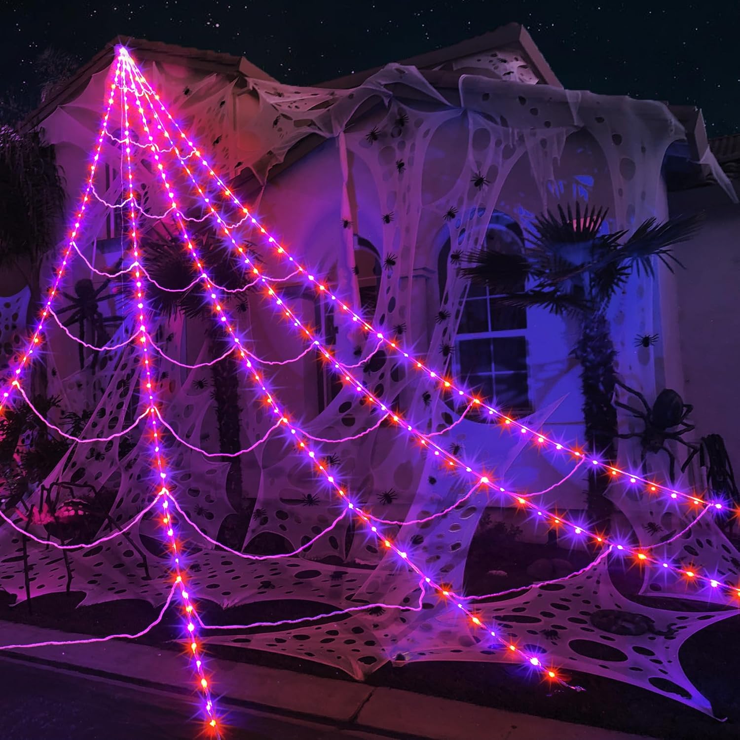 Halloween Spider Web Lights 290 LED Lighted Spider Web Giant 23 Ft Halloween Decorations Light up with 8 Lighting Modes Waterproof & Timer for Outdoor Indoor Yard Haunted House Decor, Purple & Orange