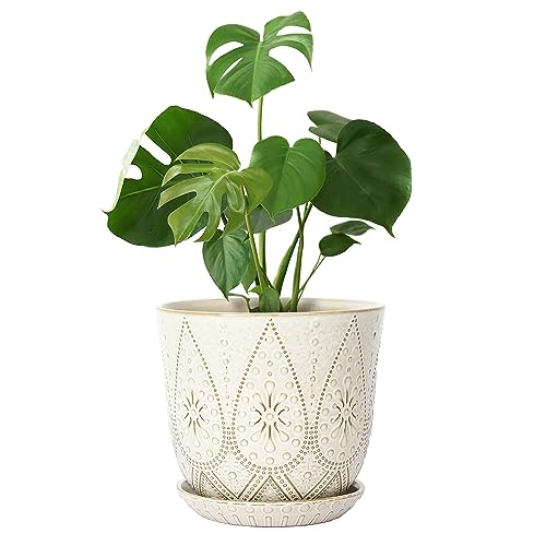 Gepege 10 Inch Plant Pot, Creamy White Ceramic Planter with Drainage Holes and Saucers for Plants Indoor and Outdoor Flower Pot