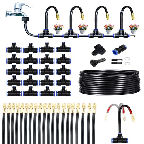 Greenhouse Drip Irrigation Kit Automatic Irrigation System 360Adjustable 20 Brass Spray Nozzles 12mm Irrigation Tubing Hose Patio Misting Plant Watering with 65Ft Blank Distribution Tubing Hose