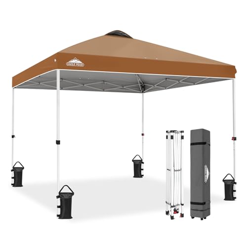 EAGLE PEAK Pop Up Canopy Tent with Wheeled Carry Bag, 8 Stakes, 4 Ropes, 4 Weight Bags, Easy Set Up Tent Canopy, 10x10 ft, 100sqft of Shade, Khaki