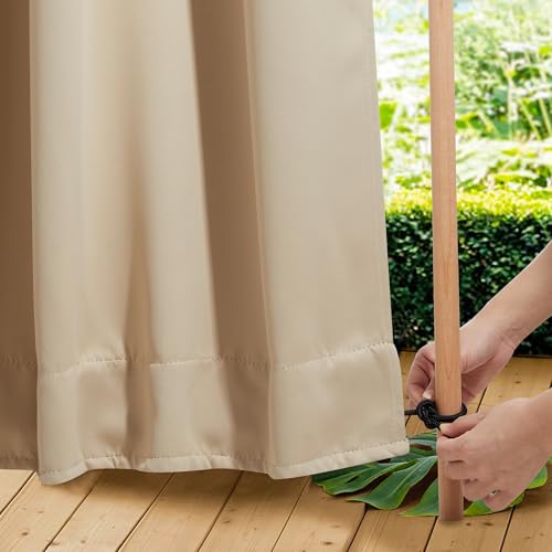 NICETOWN 2 Panels Outdoor Curtains for Patio Waterproof, Top & Bottom Fixed Waterproof Outdoor Drapes with Free Rope, Privacy Sun Blocking Shades for Gazebo, Pergolas, Biscotti Beige, W52 x L84