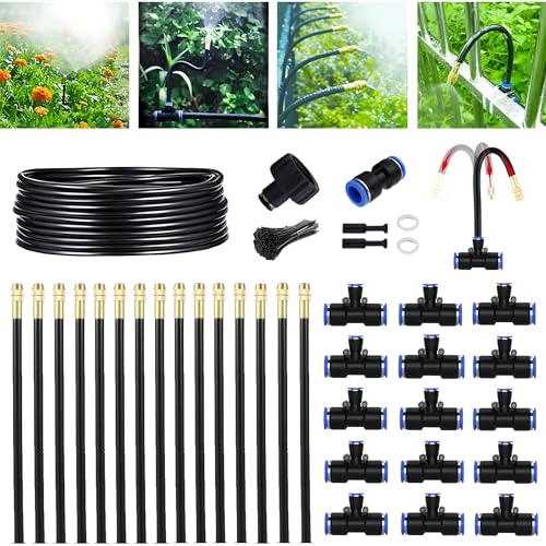 49.21Ft Greenhouse Drip Irrigation Kit Automatic Irrigation System 360Adjustable 15 Brass Spray Nozzles 8mm Irrigation Tubing Hose Patio Misting Plant Watering with Blank Distribution Tubing Hose