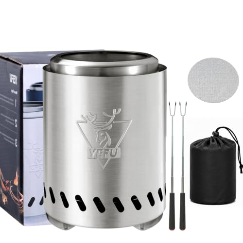 YEFU Tabletop Fire Pit 9.7 x 7.1 in, Low Smoke Camping Stove for Outdoor & Patio, Fueled by Pellets or Wood, Safe Burning Table Top Firepit, with Travel Bag & 2 Mini Sticks & Fireproof Mat, Silver