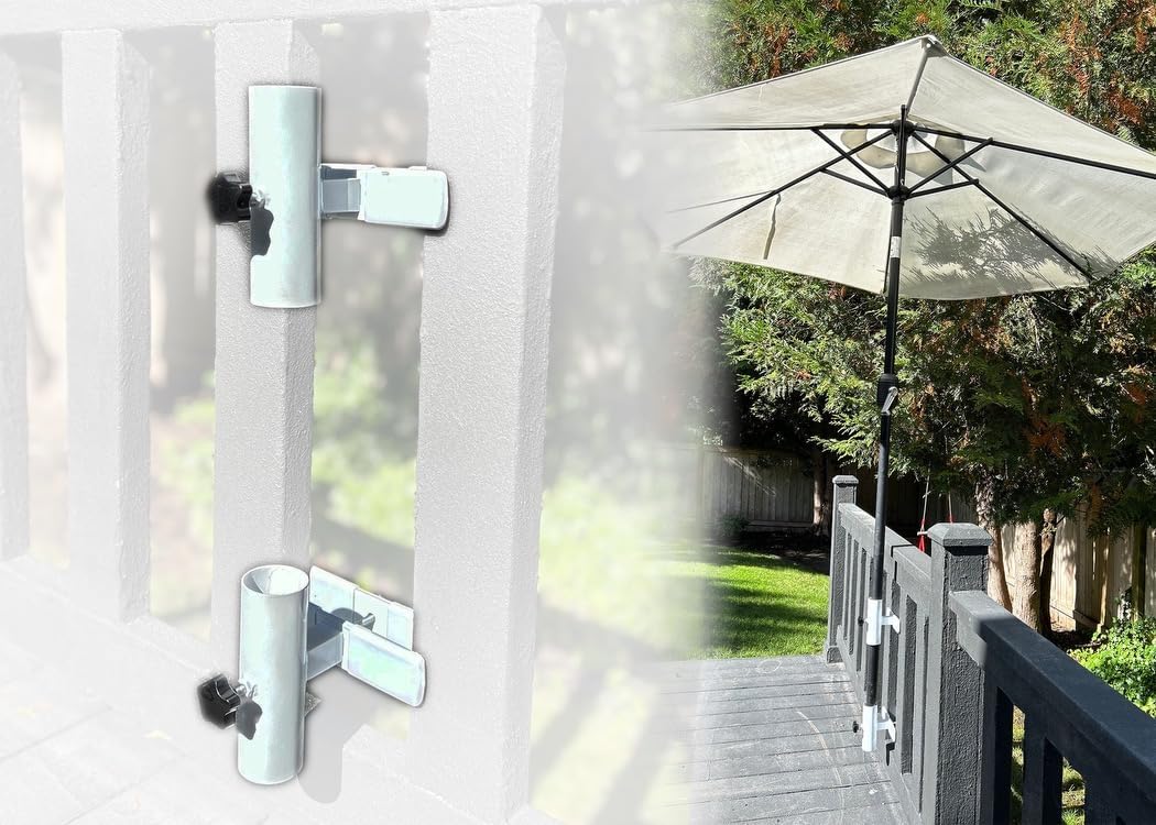 | Patio Umbrella Holder | 2 Piece Design | Outdoor Umbrella Base and Mount | Attaches to Railing Maximizing Patio Space and Shade