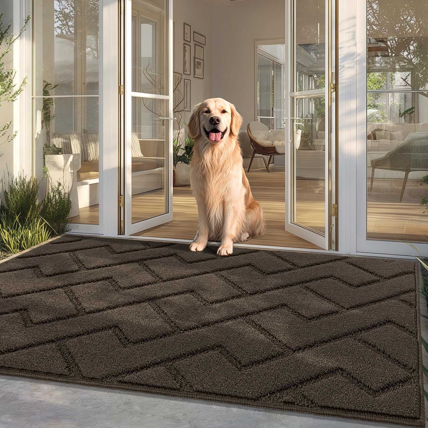 hicorfe Front Door Mat Outside Entrance,36"x59" Absorbent Muddy Dirt Resist Welcome Door Mats Outdoor Indoor,Stain and Fade Resistant,Non Slip Backing Entry Mat Doormat for Entryway(Latte)