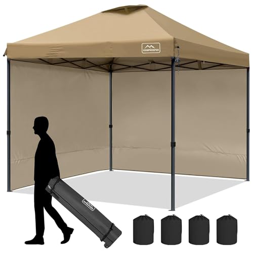 KAMPKEEPER 10x10 Pop Up Canopy Tent with 2 Sidewalls - Waterproof Outdoor Shelter for Sun Shade, Camping, Beach, Patio and Backyard Events, Khaki