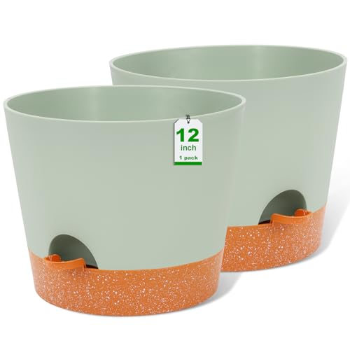 GARDIFE 12 inch Plant Pots, planters, Self Watering Pots, 2 Pack Large Plastic Flower pots with Deep Reservior and High Drainage Holes for Indoor Outdoor Plants and Flowers, Green
