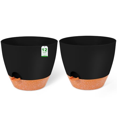 GARDIFE 12 inch planters, Plant Pots,Self Watering Pots, 2 Pack Large Plastic Flower pots with Deep Reservior and High Drainage Holes for Indoor Outdoor Plants and Flowers, Black