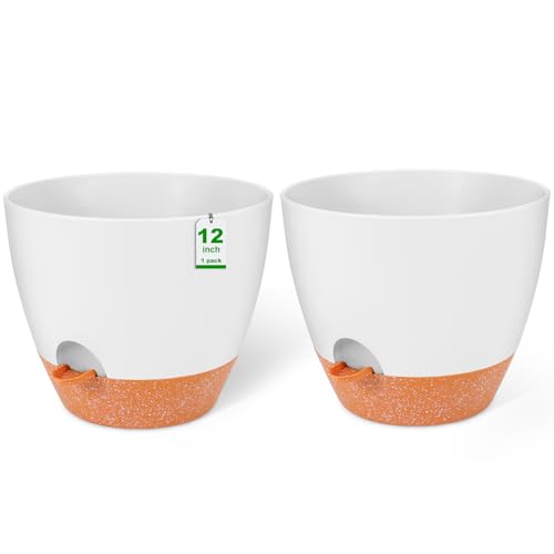 GARDIFE 12 inch planters, Plant Pots,Self Watering Pots, 2 Pack Large Plastic Flower pots with Deep Reservior and High Drainage Holes for Indoor Outdoor Plants and Flowers, White