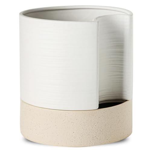 Nihow Self Watering Plant Pot: 8 Inch Ceramic Planter with Drainage Hole & Water Storage Plus for Indoor & Outdoor Plants - Cylinder Round Flower Pot for Succulent/Herbs/Violets - White & Brown