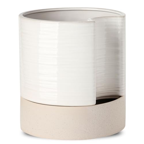 Nihow Self Watering Plant Pot: 8 Inch Ceramic Planter with Drainage Hole & Water Storage Plus for Indoor & Outdoor Plants - Cylinder Round Flower Pot for Succulent/Herbs/Violets - Cream White & Brown