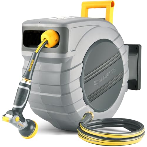 Retractable Garden Hose Reel 1/2 in x 115 ft, 2025 Upgraded Dual Ratchet Lock UV & Freeze Protection Brass Seal Slow Retraction Anti-Tangle Hose 180Swivel Reinforced Scaffold Wall Mount