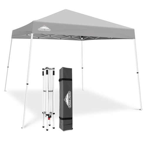 EAGLE PEAK 10x10 Slant Leg Pop-up Canopy Tent Easy One Person Setup Instant Outdoor Beach Canopy Folding Portable Sports Shelter 10x10 Base 8x8 Top (Light Gray)