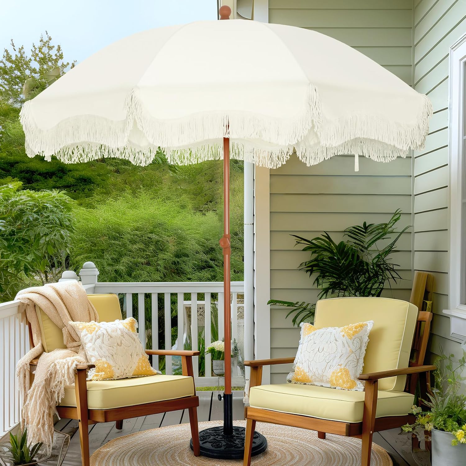 PHI VILLA 7ft Beach Umbrella with Fringe & Sand Anchor