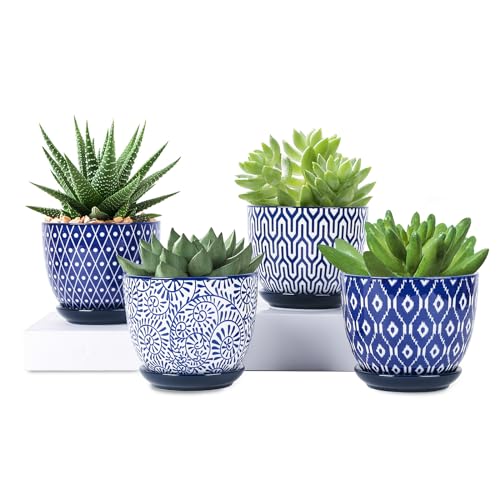 Selamica Ceramic Plant Pots, 4.6 Inch Flower Pots for Indoor Plants, Succulent Pots with Drainage Hole & Saucer, Succulent Planters for Succulent Cactus, Home Decor, Set of 4, Vintage Blue