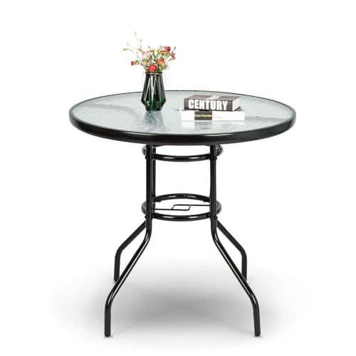 VINGLI Round Patio Table with Umbrella Hole, 32" Outdoor Dining Table Steel Tempered Glass Patio Tables Round Outdoor Tables for Balcony Garden Deck