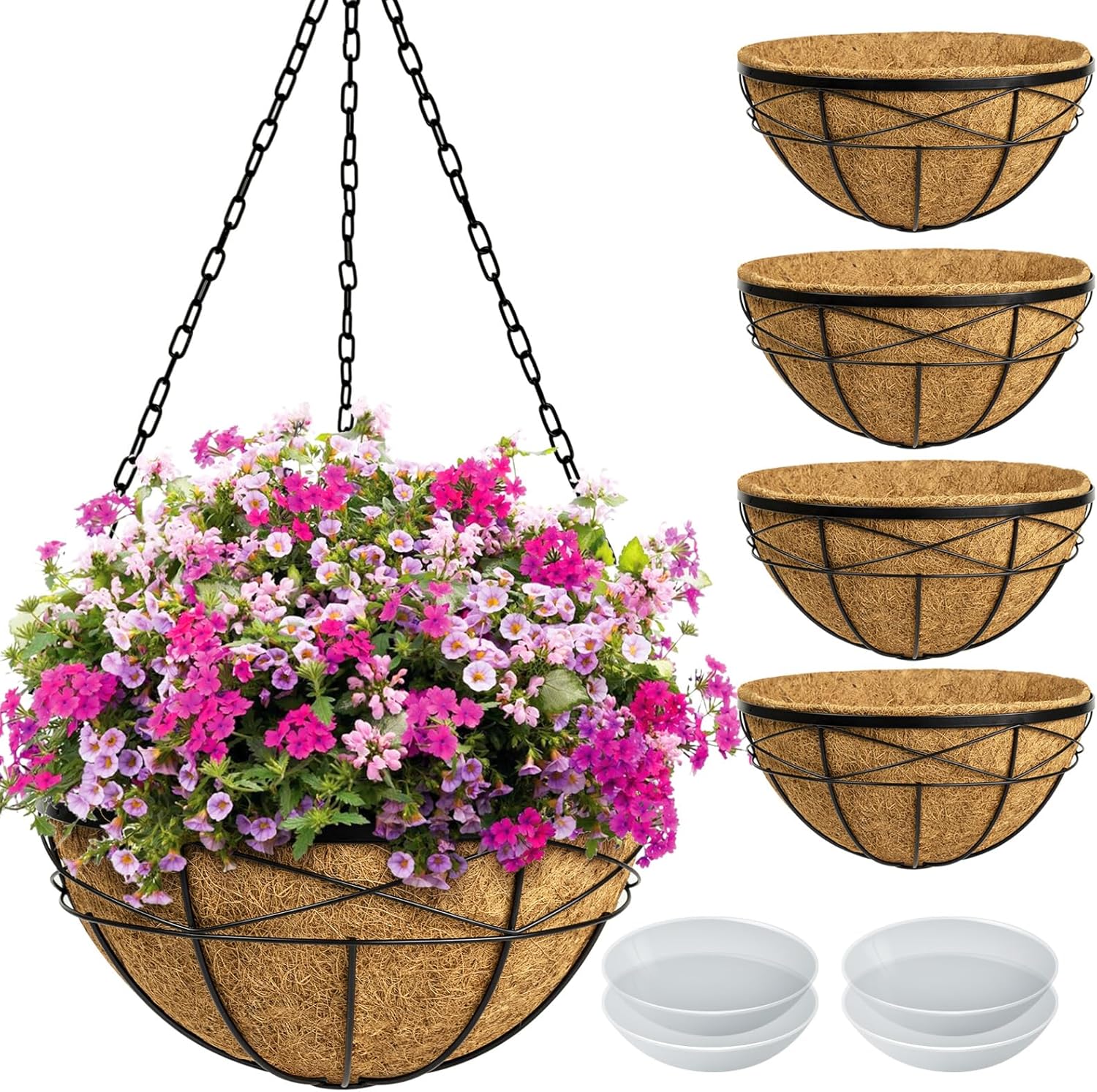 Hanging Planters for Outdoor Plants: 4 Pack 16" Hanging Baskets Flower Pots with Coco Liners & Plastic Saucer Extra Large Deep Hanging Plant Holder for Porch Balcony Garden Decor