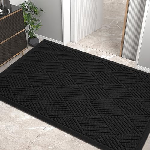 Sturdy Front Door Mat, Absorbent Muddy Dirt Resist Welcome Door Mats Outdoor Indoor, Stain and Fade Resistant, Non-Slip Rubber Backing Low Profile Doormat for Entryway, 4732, Black