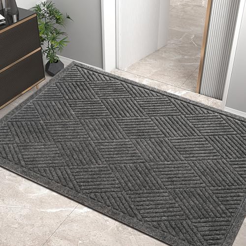 Sturdy Front Door Mat, Absorbent Muddy Dirt Resist Welcome Door Mats Outdoor Indoor, Stain and Fade Resistant, Non-Slip Rubber Backing Low Profile Doormat for Entryway, 4732, Grey