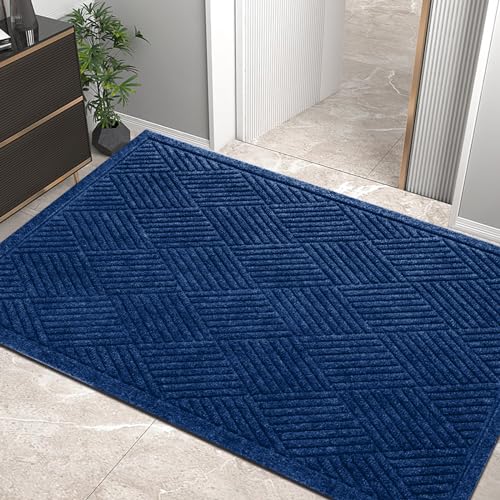 Sturdy Front Door Mat, Absorbent Muddy Dirt Resist Welcome Door Mats Outdoor Indoor, Stain and Fade Resistant, Non-Slip Rubber Backing Low Profile Doormat for Entryway, 4732, Blue